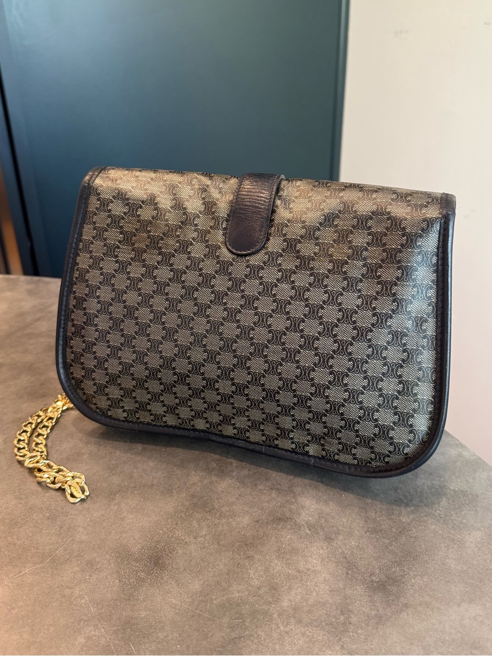 Celine Navy Blue Monogram leather and PVC Bag with Gold Chain - Picture 5 of 13